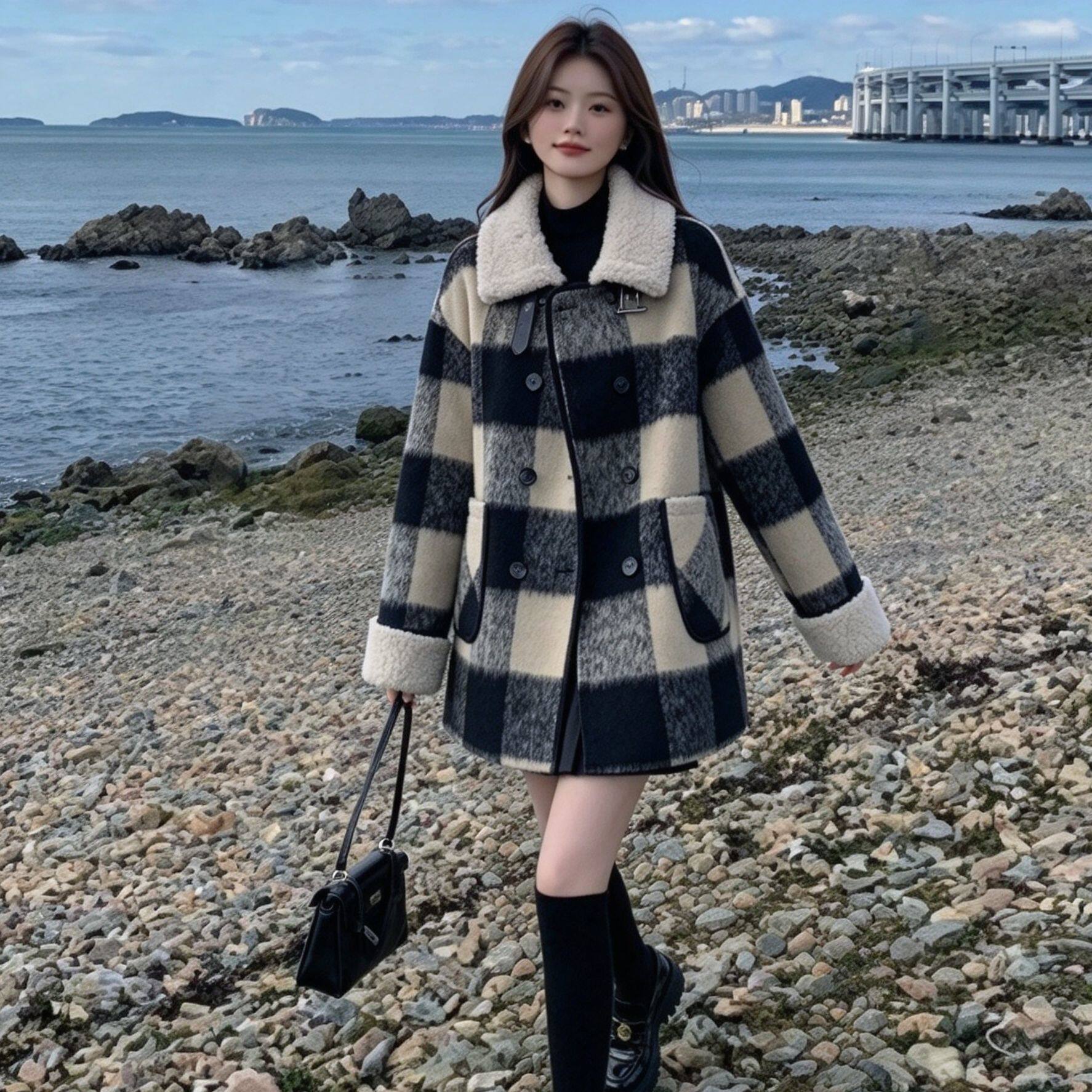 黑米格纹羊羔毛领毛呢外套女冬季韩系复古宽松中长款双排扣加厚潮