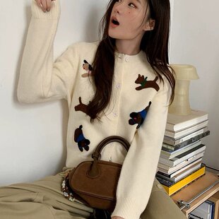 你好卡农 童趣小狗毛巾绣针织开衫女春秋复古简约松弛感韩系上衣