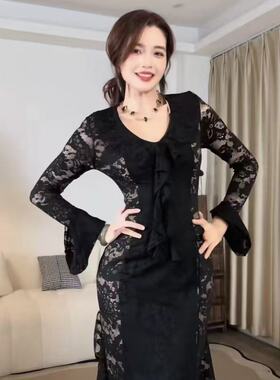 2026秋冬V领蕾丝连衣裙女秋季紧身名媛风性感包臀鱼尾礼服长裙