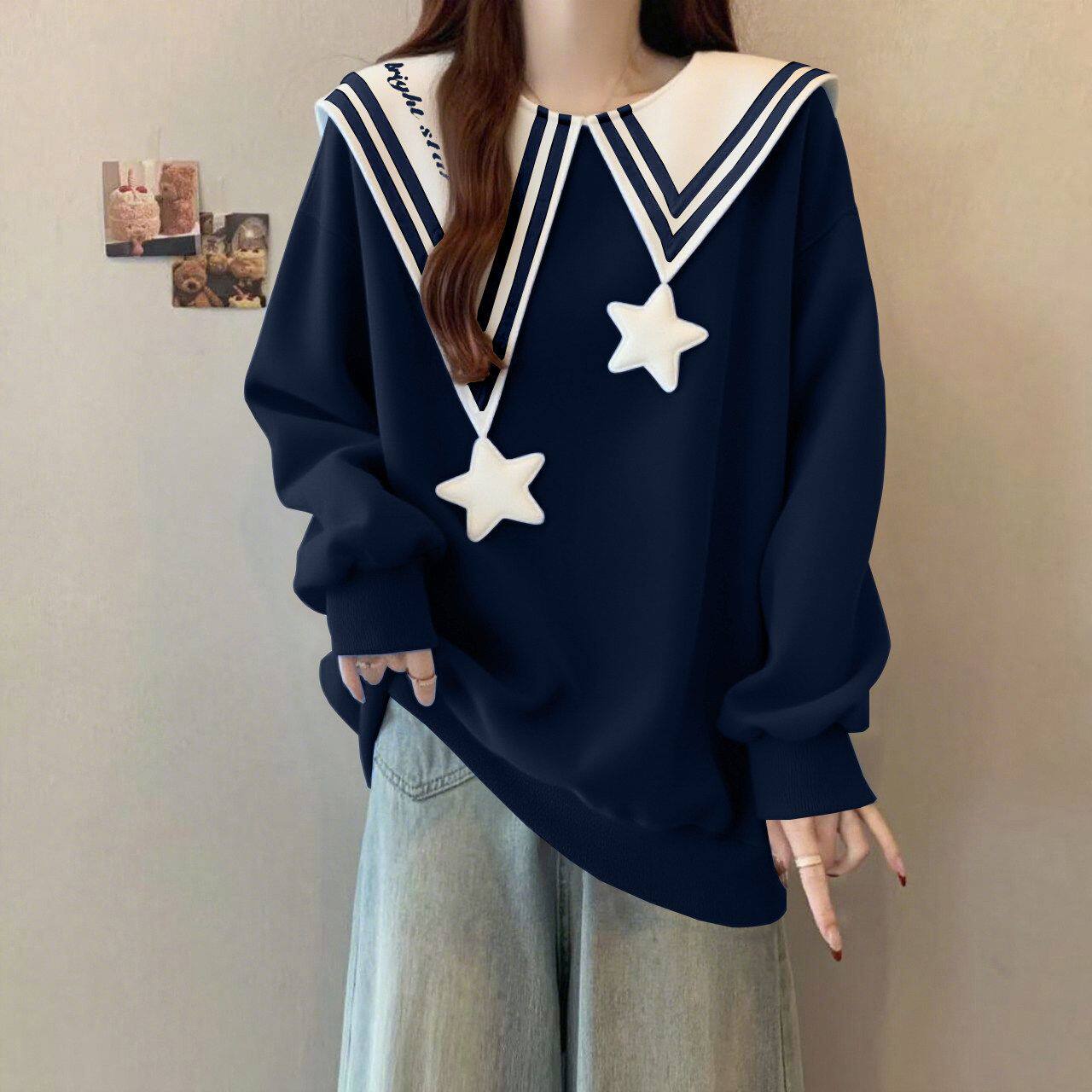 纯棉华棉复合牛奶丝  春秋薄款大码300斤学院风海军领卫衣女