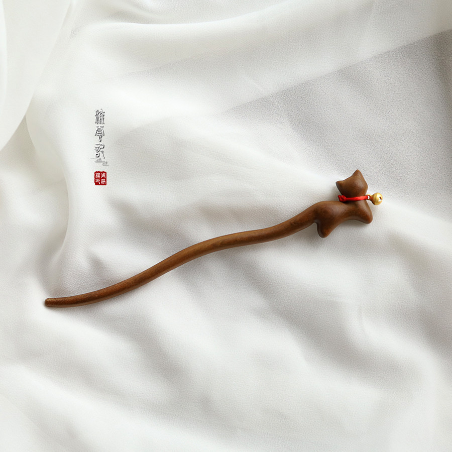 流云记【叮当猫】金丝檀木发簪子古风发饰小猫咪铃铛手工盘发个性