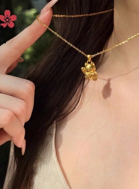 金色同款镶钻招财猫咪实心锁骨链