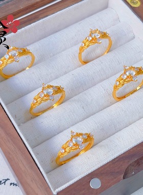 金色中古风复古拉丝月桂闪钻戒指树叶轻奢感设计开口食指戒