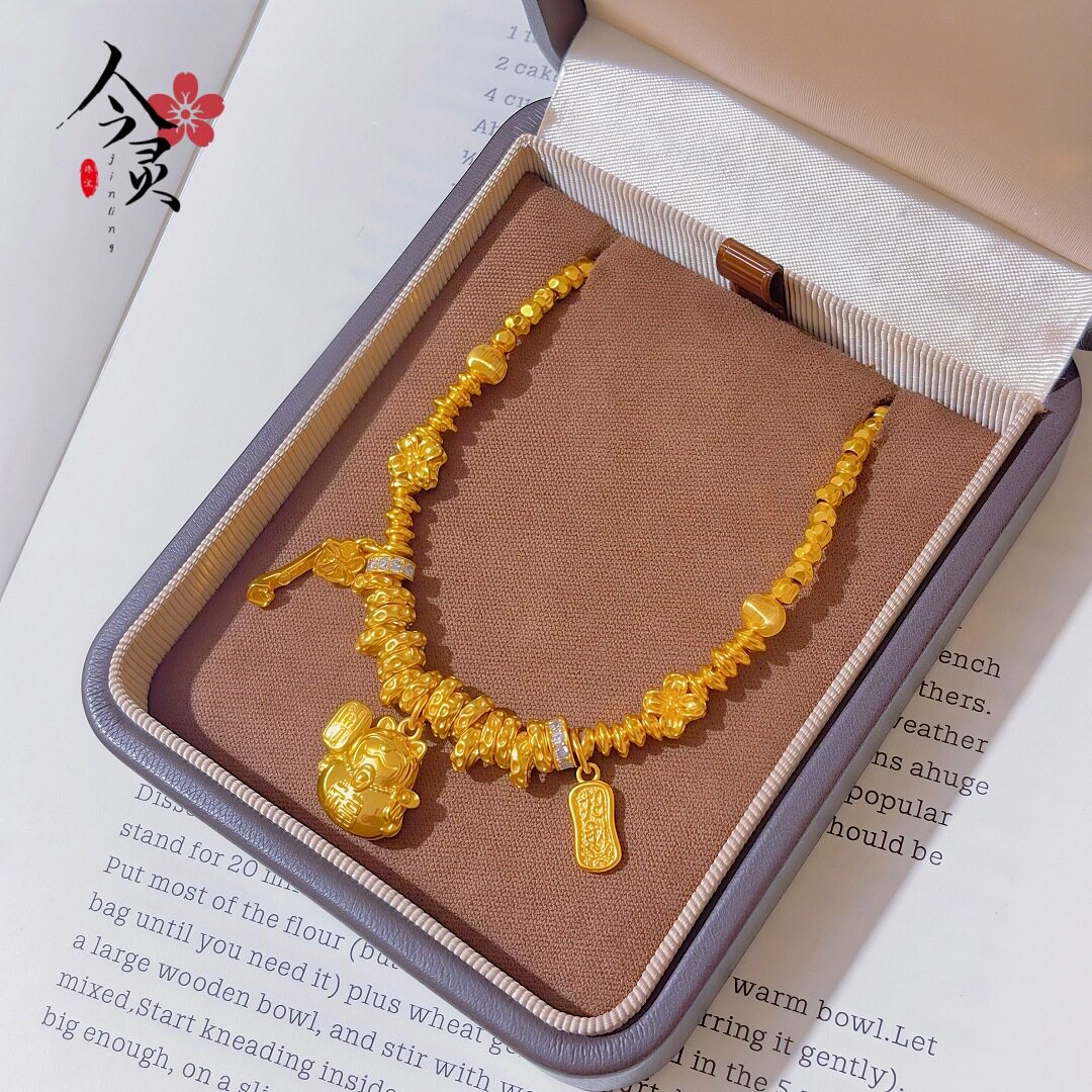 金色同款古法沙金点钻跑环如意招财猫手链招财新中式小众设计手链