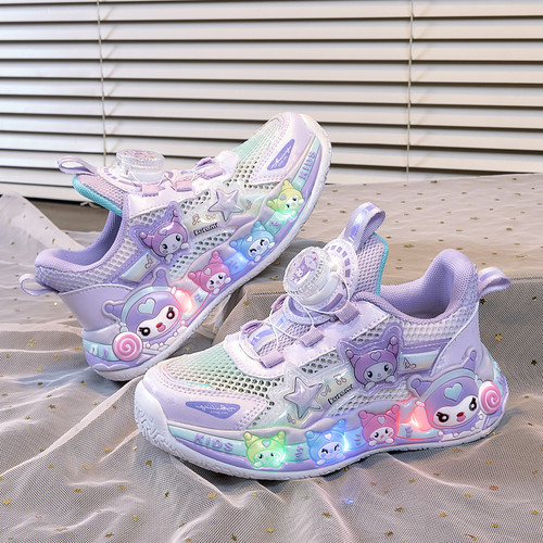 女孩单网鞋超轻亮灯库洛米鞋子旋转扣女童运动鞋软底儿童宝宝鞋女