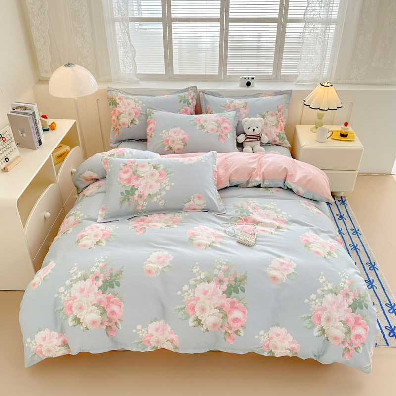 全棉床笠四件套100%纯棉斜纹4件套1.8m米床上用品小清新风翠花ins