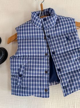 儿童蓝色格子马甲2025秋冬新款韩版男女童立领外套中小童宝宝背心