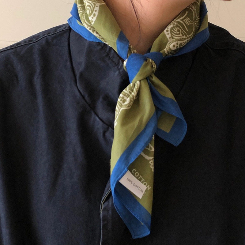 韩日系小众时髦男女复古绿蓝撞色佩斯利腰果花护颈小方巾丝巾头巾