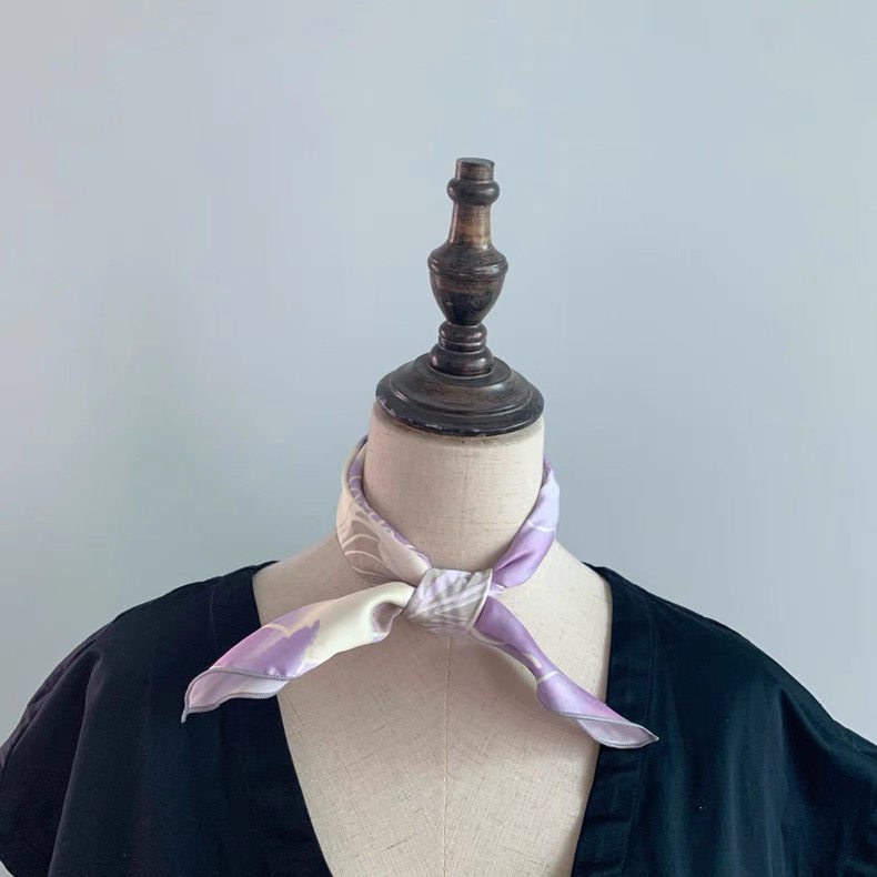 Flora春夏温柔的浅紫淡黄撞色水彩花卉画花朵韩版方巾丝巾小领巾