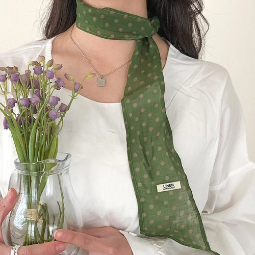 遇见春野～Flora黄绿法式浪漫复古波点韩系少女亚麻长条丝巾领巾