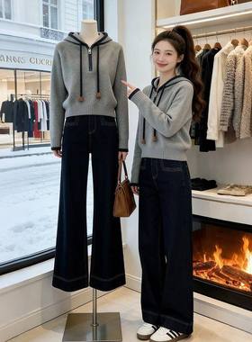 韩系秋冬新款高级感灰色半拉链连帽针织毛衣宽松慵懒风时尚外套女