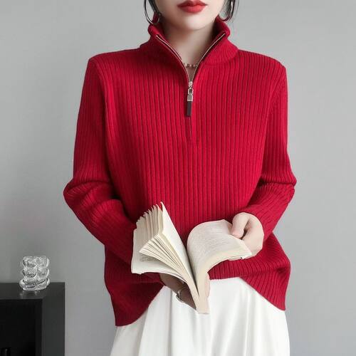 半高领拉链针织打底衫上衣女秋冬新款立领修身设计感内搭气质毛衣