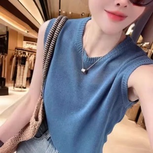 新款 女韩版 夏季 百搭背心上衣 光版 套头无袖 实拍圆领纯色薄款 针织衫