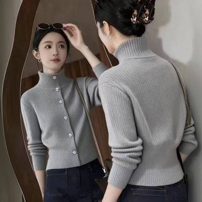 韩系时尚气质高级感纯色立领针织衫女秋冬季新款气质百搭打底毛衣