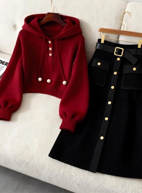 小众别致红色连帽抽绳纯色卫衣女款秋季可搭黑色休闲百搭半身裙