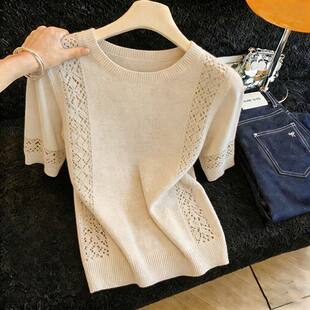 胖MM复古chic洋气圆领半袖针织衫女夏季新款超好看爆款显瘦上衣