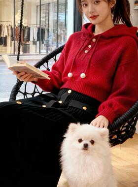 小众别致红色连帽抽绳纯色卫衣女款秋季可搭黑色休闲百搭半身裙