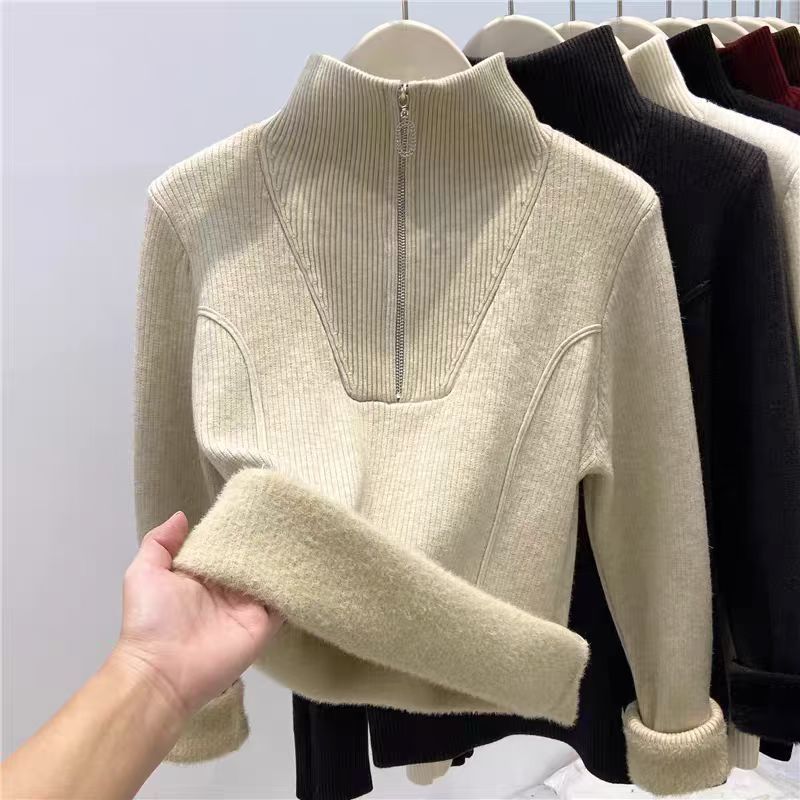 一体绒加厚半高领打底上衣女秋冬设计感半拉链内搭保暖针织衫毛衣