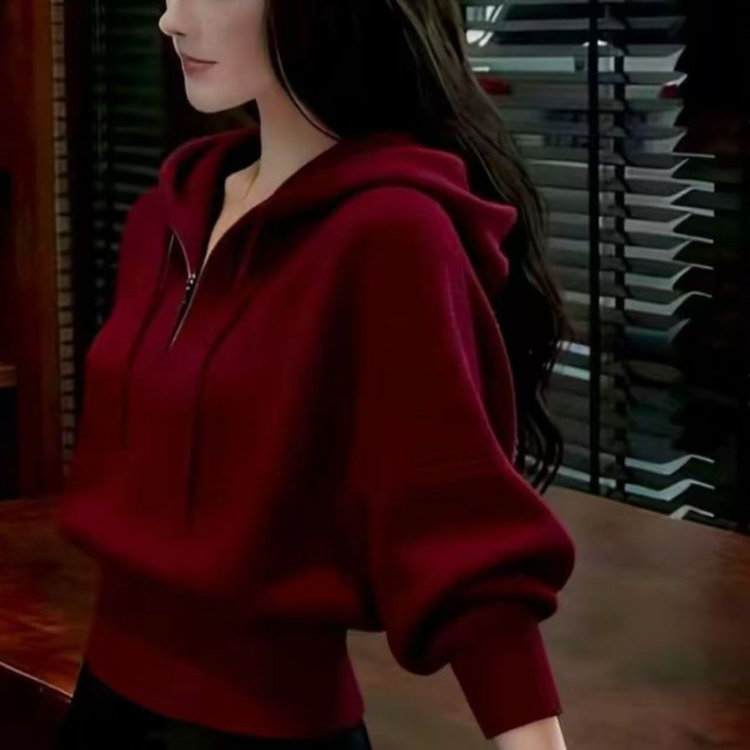 厂家直销秋冬厚款纯色针织连帽毛针织衫休闲慵懒风上衣针织衫短款