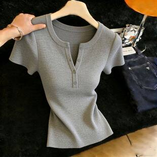 新款 女夏季 超好看百搭显瘦上衣 针织衫 胖MM复古chic洋气圆领短袖