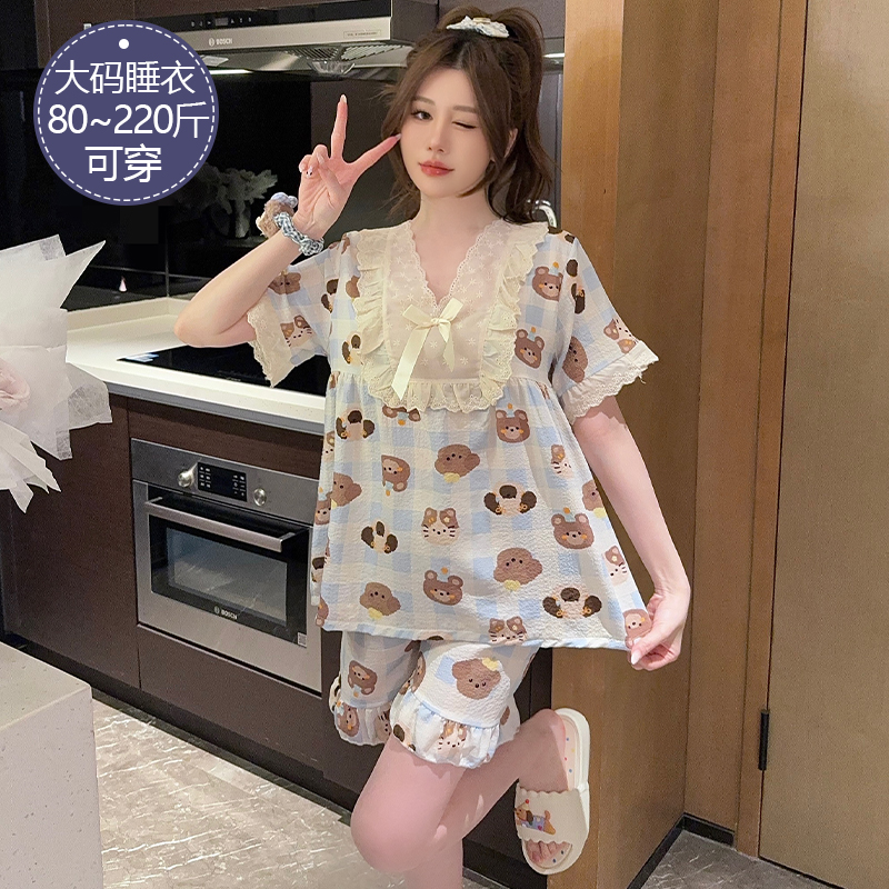 睡衣女夏季纯棉短袖裤卡通加大码