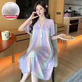 带胸垫睡裙女夏季 莫代尔网纱彩虹条纹公主风睡衣家居服可外穿 短袖
