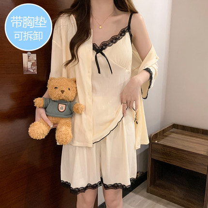 三件套装带胸垫吊带睡衣女夏季纯棉短袖短裤甜美杏色蕾丝边家居服