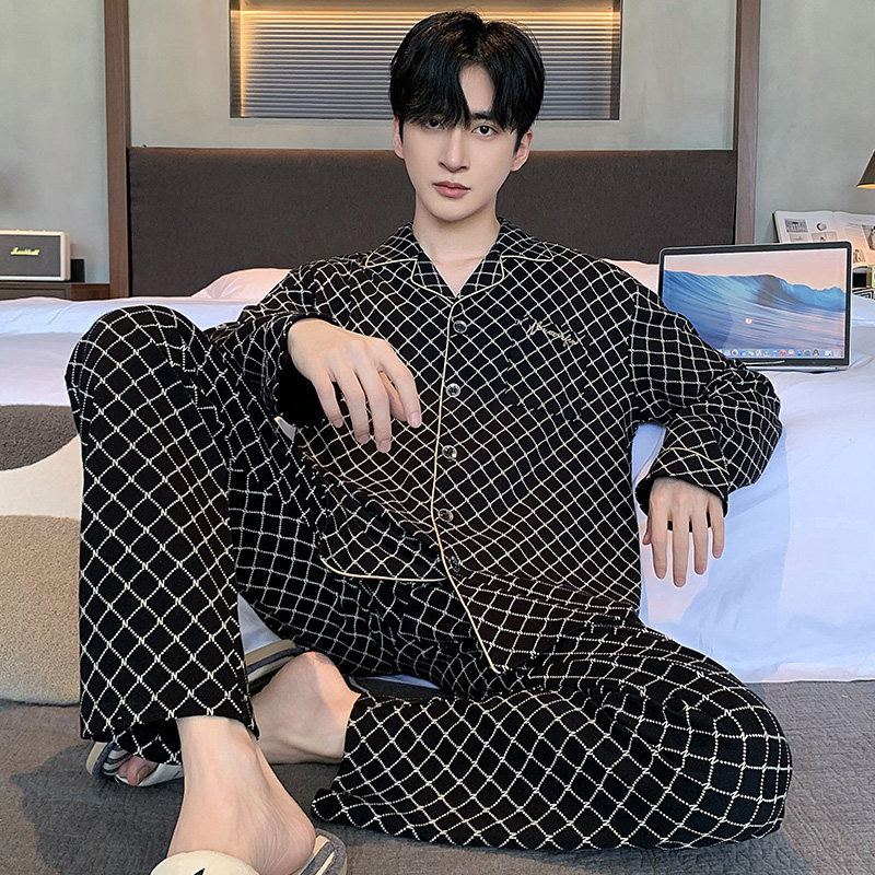 睡衣男士春秋季纯棉长袖长裤黑色格子高级感可外穿大码家居服套装,女士内衣/男士内衣/家居服,睡衣/家居服套装,淘宝优惠券,粉丝福利购,淘宝优惠卷
