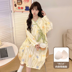 带胸垫睡裙女款春秋季长袖云朵棉甜美花朵和服睡袍孕妇睡衣家居服