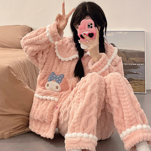 珊瑚绒睡衣女秋冬季加厚绒法兰绒卡通美乐蒂可爱娃娃领家居服套装