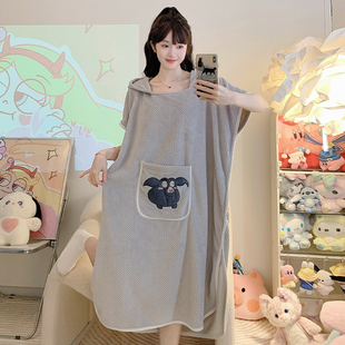 特大码睡裙女款春秋夏季比纯棉吸水连帽浴巾浴袍速干毛巾加肥加大