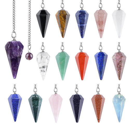 天然石水晶灵摆吊坠38mm单尖六角锥宝石带链瑜伽冥想可调频灵摆