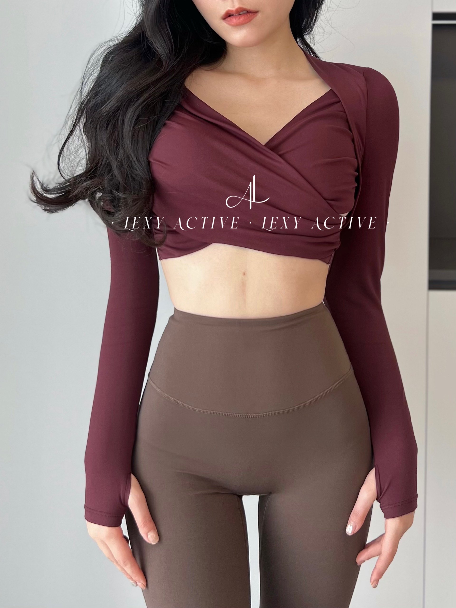 LexyActive秋冬新品韩系美拉德风一体式带胸垫交叉长袖紧身瑜伽服,运动/瑜伽/健身/球迷用品,瑜伽t恤,淘宝优惠券,粉丝福利购,淘宝优惠卷