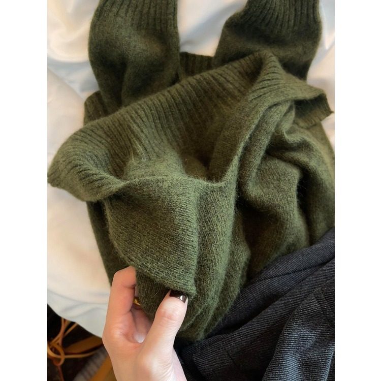 欧货高端墨绿色羊毛针织翻领毛衣