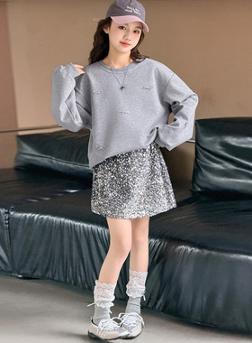 女童灰色小蝴蝶结圆领宽松卫衣套装春秋闪闪亮片半身短裙儿童洋气