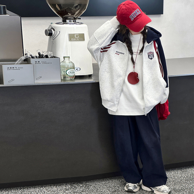 女童时髦美式连帽棒球服外套阔腿裤宽松慵懒学院风春秋季三件套装