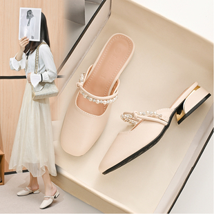 包头凉鞋女2025新款夏季外穿配裙子中跟凉拖穆勒鞋法式粗跟半拖鞋