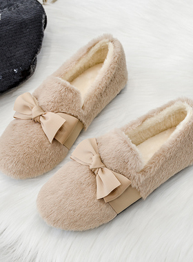 毛毛鞋女冬外穿2025新款加绒保暖棉鞋蝴蝶结兔毛鞋百搭厚底豆豆鞋