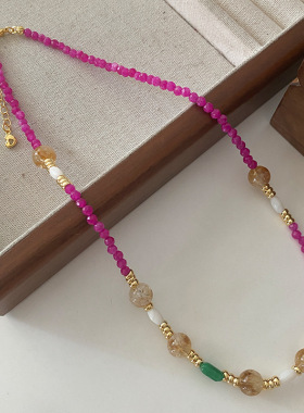 正品玫红色火龙果切面石串珠项链女小众时髦百搭锁骨链白贝珠颈链