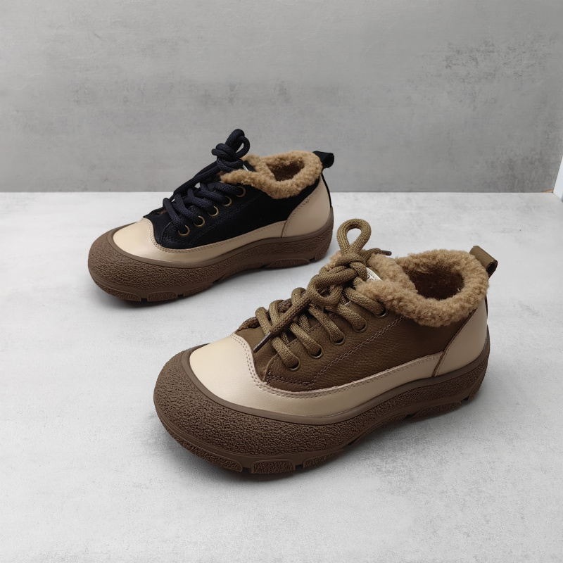 真皮系带加绒棉鞋保暖厚底休闲鞋