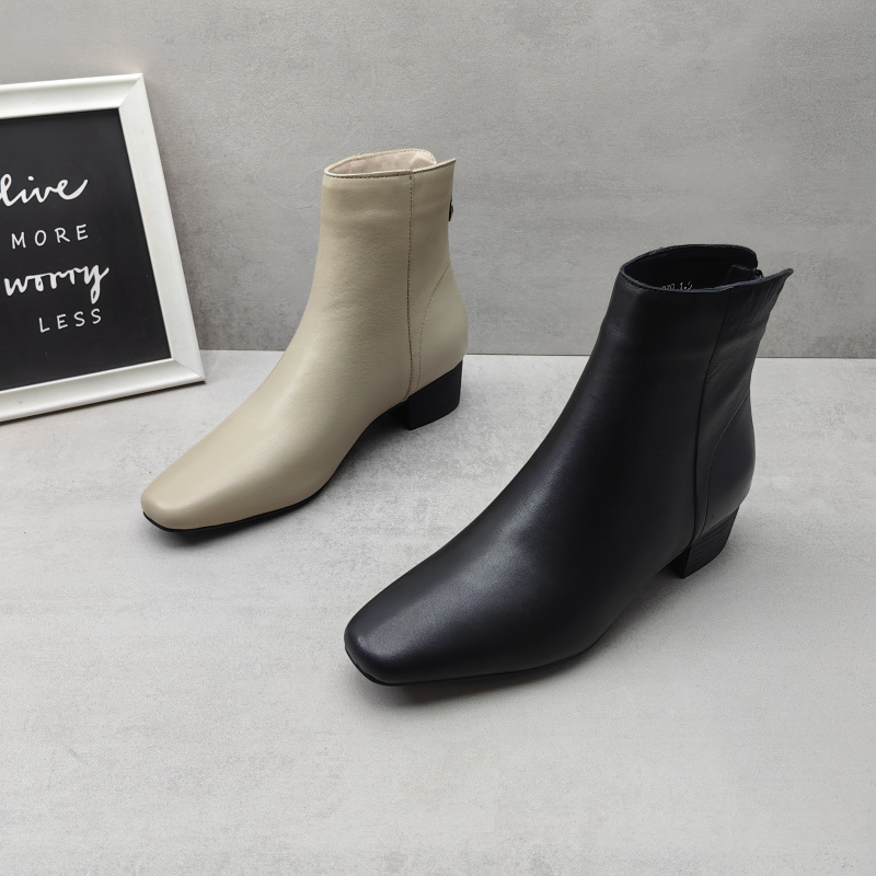 2024冬季靴女鞋真皮牛皮加绒低跟方跟后拉链方头切尔西靴女靴短靴