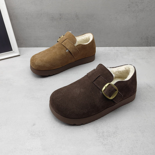 平底防滑休闲女棉鞋 实拍2025冬款 真皮牛皮森系加绒保暖女勃肯鞋