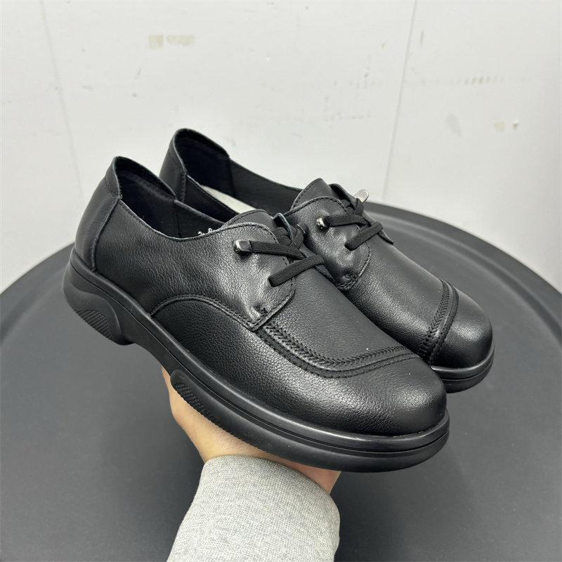 2025春季真皮女鞋休闲透气圆头平底松紧深口妈妈鞋牛皮女单鞋皮鞋