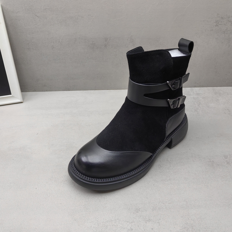 真皮牛皮圆头低粗跟切尔西短靴女