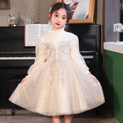 女童礼服轻奢小众钢琴演出服儿童生日公主裙主持人长袖花童裙秋冬