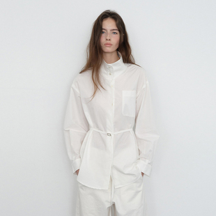 26早春新款中领带腰带衬衫收腰棉麻衬衣中长款白色薄外套气质上衣