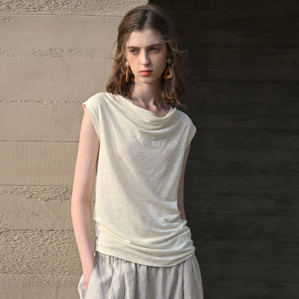 夏季一字肩荡领汉麻上衣宽松慵懒风穿搭针织短袖T恤小飞袖背心女