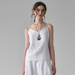 纯亚麻白色背心女内搭夏款无袖休闲度假上衣露肩宽松麻料吊带宽松