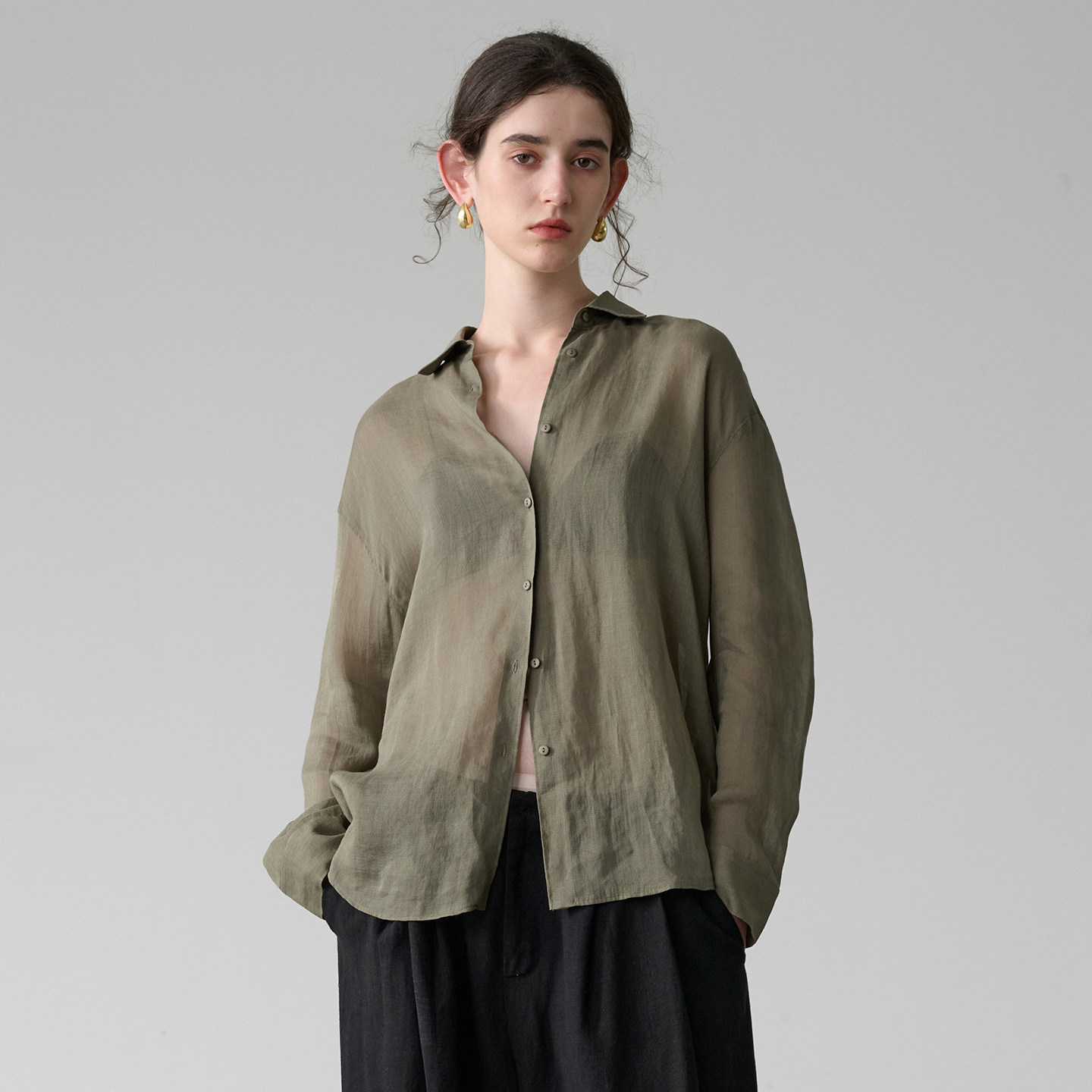 慵懒松弛莱赛尔衬衫宽松微透苎麻上衣防晒衣薄纱外穿夏季衬衣外套