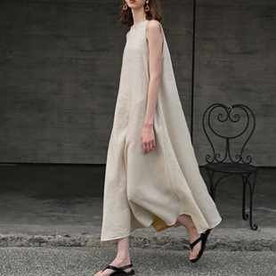 春夏极简麻色亚麻连衣裙度假风无袖背心裙鱼尾长裙宽松大摆裙女